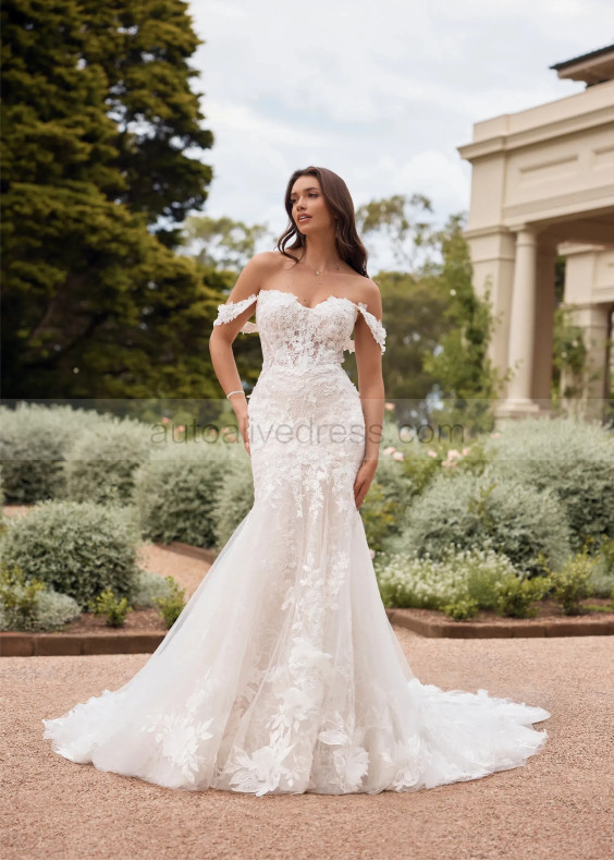 Off Shoulder Ivory 3D Lace Tulle Enchanting Wedding Dress
